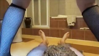 Slutty lady in stockings pooping on her lover
