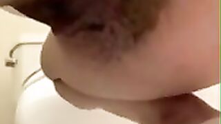 Hairy lady and hard poop closeup show