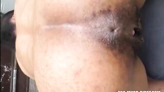 Hairy lady shitting doggystyle closeup