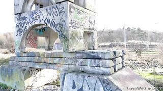 Mature in red take a public pee