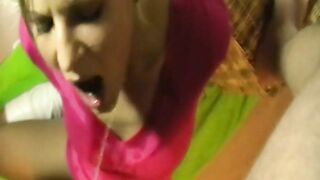 Lovely blonde masturbates while taking pee in her mouth
