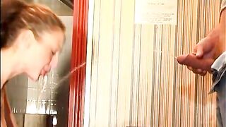 Lovely babe taking huge piss in her mouth