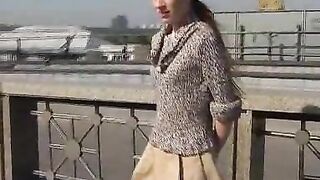 Wetting her pantyhose in the public