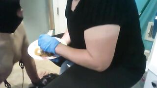Mistress feeds messy shit to slave