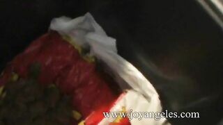 Sabrina poops in her kitchen