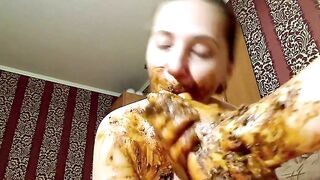 Shit covered babe eating foot scat