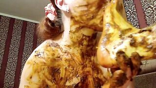 Shit covered babe eating foot scat