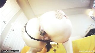 Woman squats and takes a huge shit in a cup