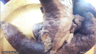 Woman squats and takes a huge shit in a cup