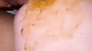 Girl spreads her ass with shit inside