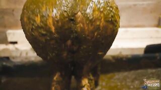 Chubby hot babe masturbates in the cowshit