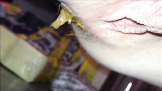 Hairy butthole woman shitting hard turd  closeup