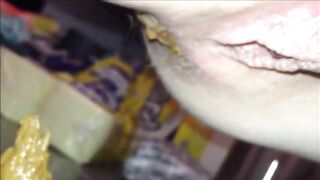 Hairy butthole woman shitting hard turd  closeup