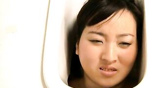 Skinny Japanese hairy babe pooping for slave