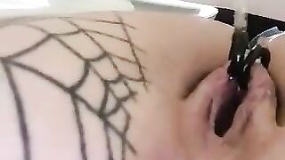 Lady masturbates and poop closeup