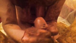 Shit covered babe sucking cock