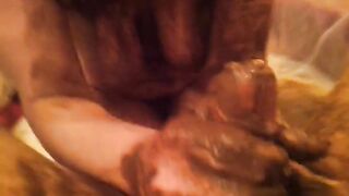 Shit covered babe sucking cock