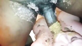 Chunky lady eating shit covered cock