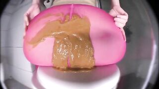 Lady in pink pantyhose teasing and pooping