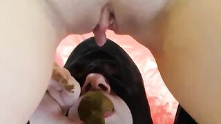 Girl deepthroats a shit filled condom in her mouth