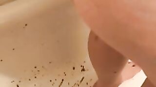 Girl squats and shits all over the bathroom floor