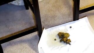 Beautiful Ebony pooping on two black chairs