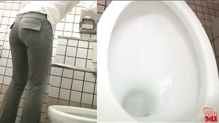 Girl squats on public toilet and takes a huge shit