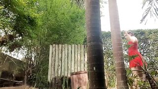 Girl squats naked in garden to take a huge shit
