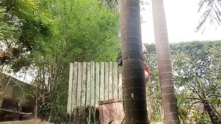 Girl squats naked in garden to take a huge shit