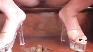 Hairy brunette shitting on the stairs