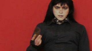 Girl plays with a huge piece of shit in her hands