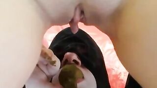 Lucky slave pee and shit eating show