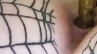 Horny woman in stockings squats over flushing toilet