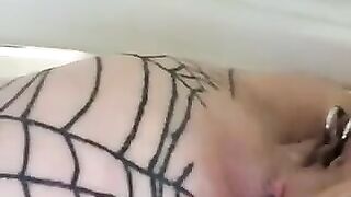 Woman with spiderweb tattoos takes a shit on her ass