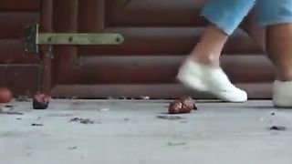Nasty German girl shitting on a porch