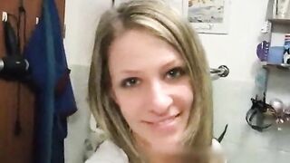 Gorgeous blonde in leggings pants poos a toilet