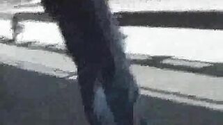 Blonde in tight jeans poops