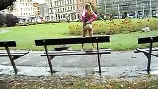 Blonde sexy girl panty pee and shits in the park