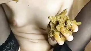 Slutty brunette gal shitting in her hands