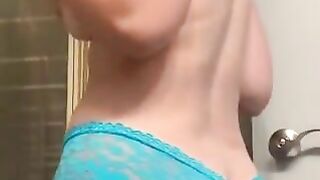 Blonde busty babe showing her panties