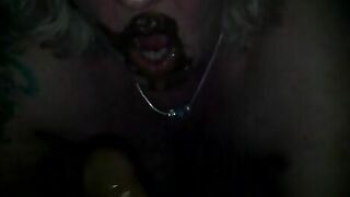 Busty blonde cougar sucking shitty cock