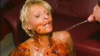 Slutty blonde covered in shit enjoying hot fuck