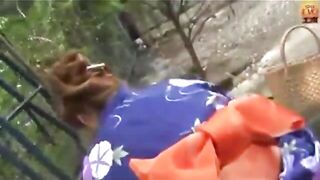 Blonde hot Japanese slut pooping in the grass