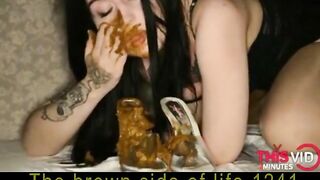 Nasty brunette babe smearing shit on her face