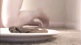 Woman shitting on the white plate