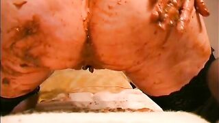 Kinky amateur brunette wife in stockings masturbates with shit