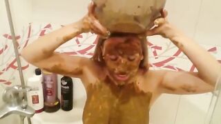 Nasty lady gets covered in shit