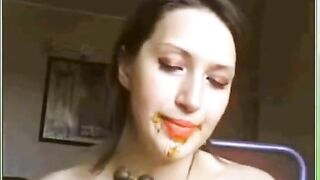 Sweet brunette girl eating hot shit