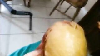 Shit face lady gives blowjob