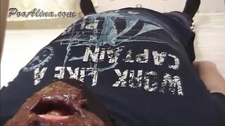 Nasty MILF shitting on her poop hungry slave